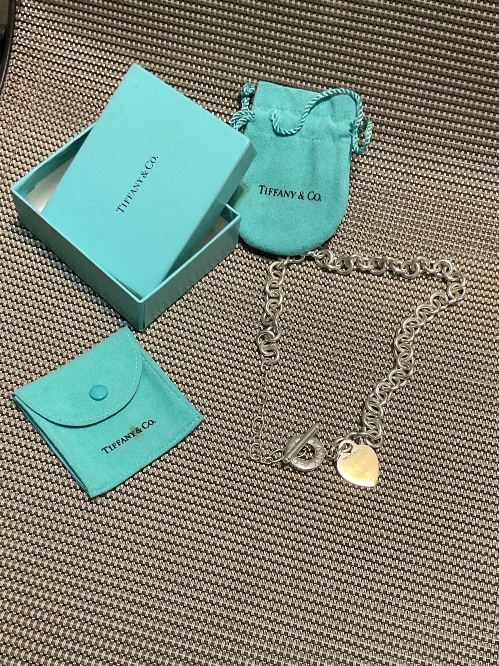Tiffany & Co. Silver Heart Tag Toggle Necklace with Blue Pouches